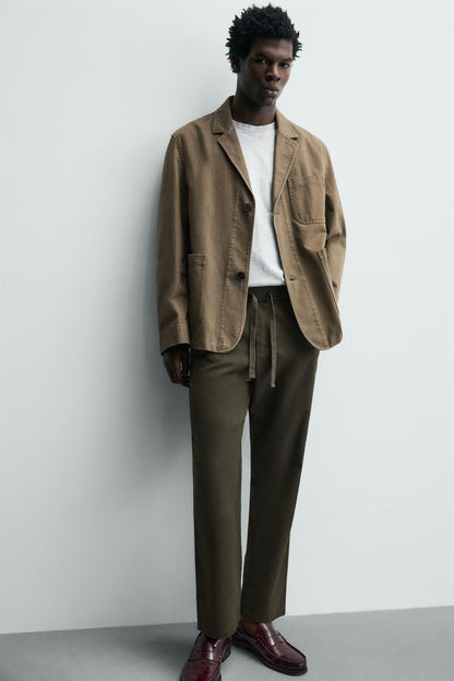 Linen Blend Relaxed Fit Trousers (Dark Khaki)