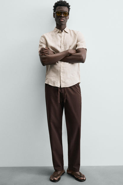 Linen Blend Relaxed Fit Trousers (Brown)