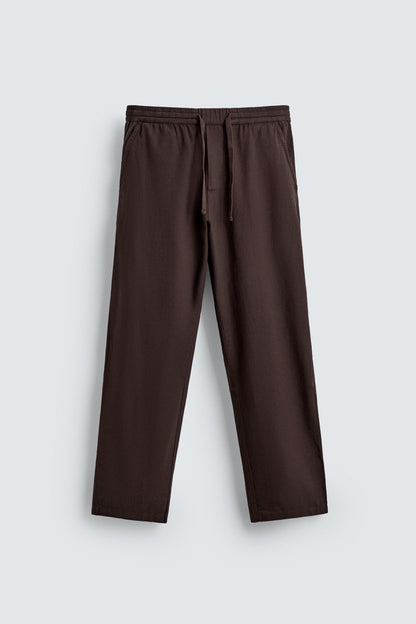 Linen Blend Relaxed Fit Trousers (Brown)
