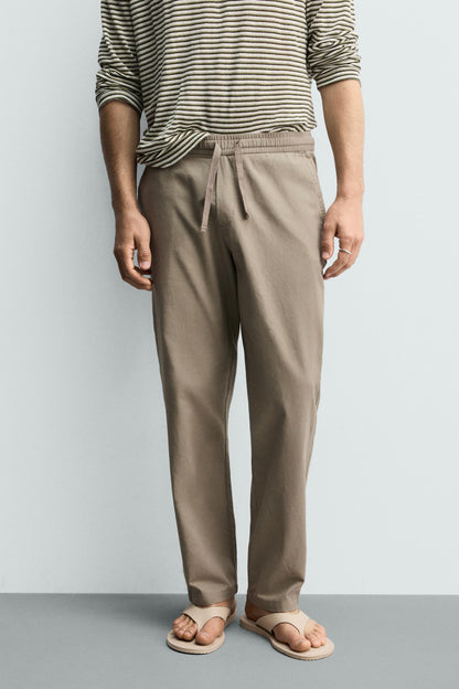 Linen Blend Relaxed Fit Trousers (Khaki)