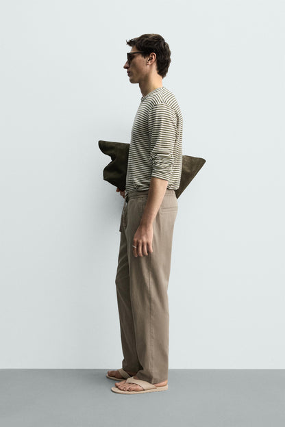 Linen Blend Relaxed Fit Trousers (Khaki)