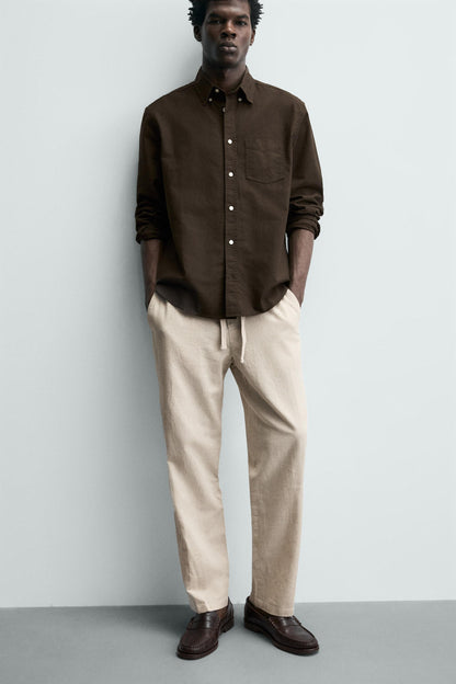 Linen Blend Relaxed Fit Trousers (Light Beige)