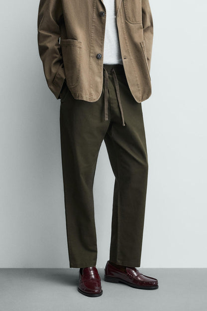 Linen Blend Relaxed Fit Trousers (Dark Khaki)