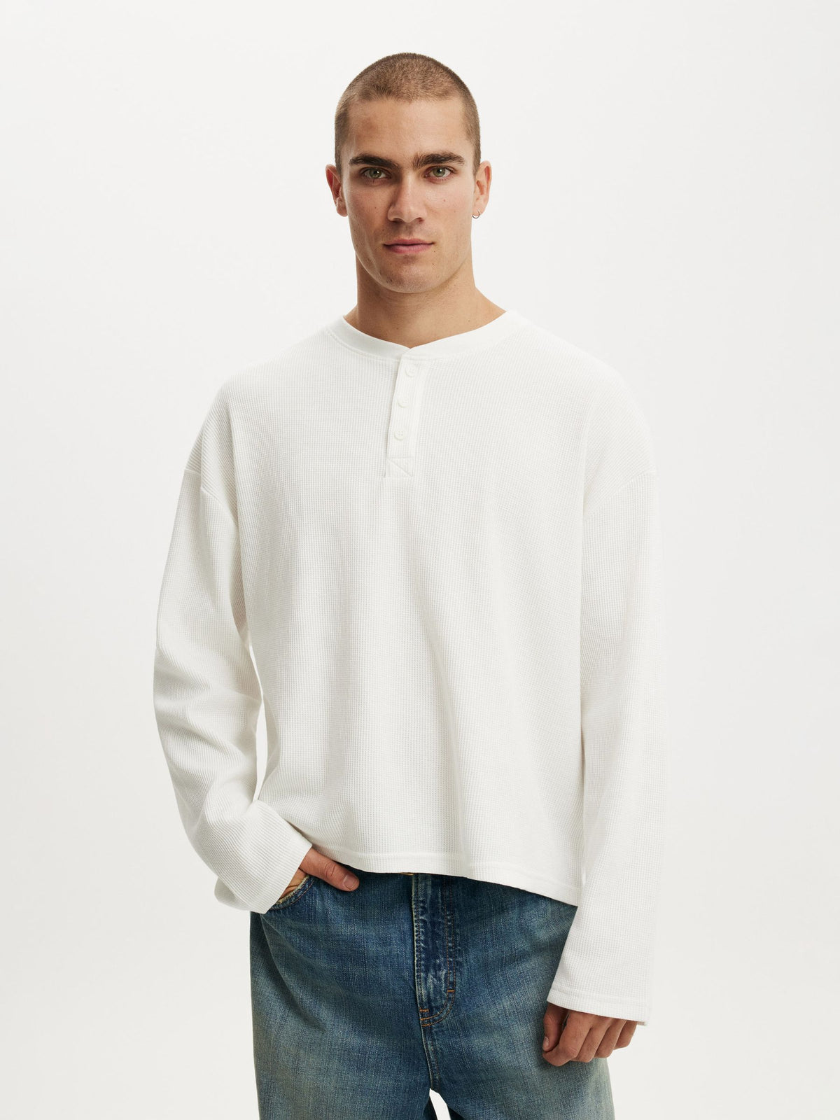 Waffle Henley Boxy Fit (White)