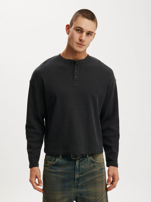 Waffle Henley Boxy Fit (Black)