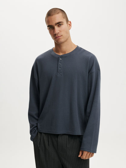 Waffle Henley Boxy Fit (Denim Blue)