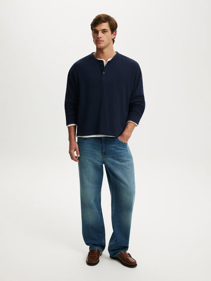 Waffle Henley Boxy Fit (Navy)